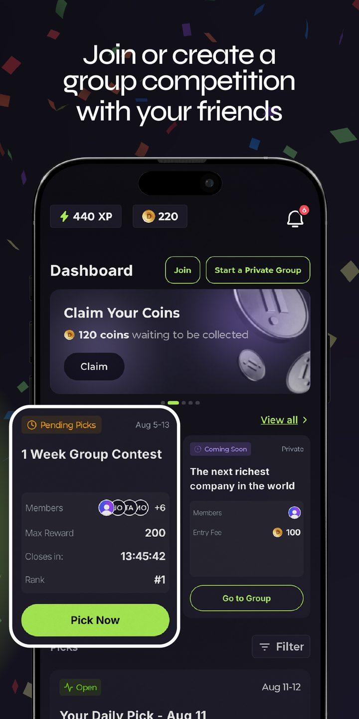 Dynarii dashboard: join or create a group competition with your friends